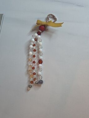 Handmade White and Amber Beaded Tassel Bag Charm